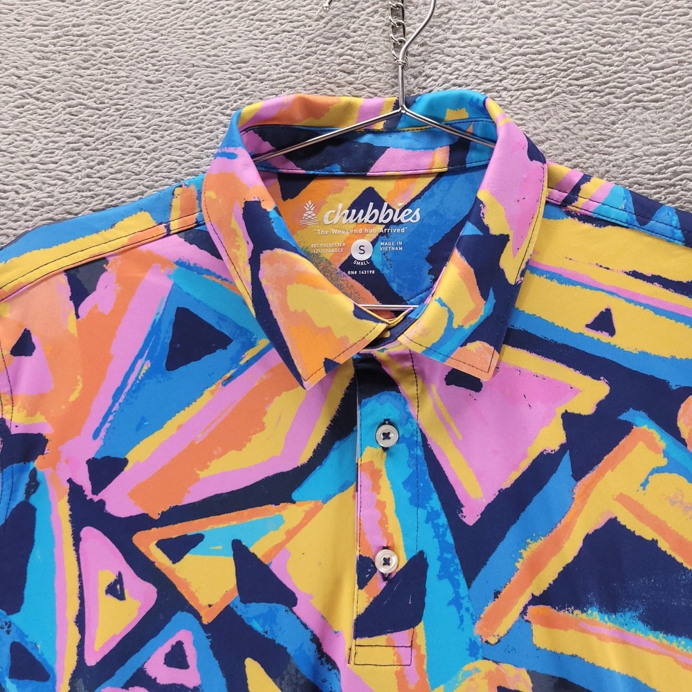 Chubbies Polo Shirt Mens S Pink Exploding Nachos Geometric Golf Stretch